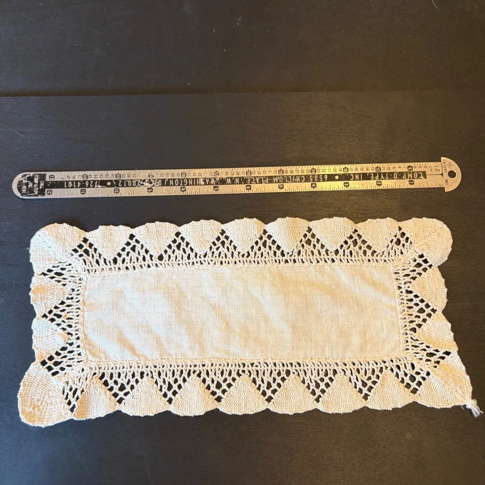 Vintage Off White Linen Dresser Scarf Crochet Lace Trim Small Table Runner 13x6